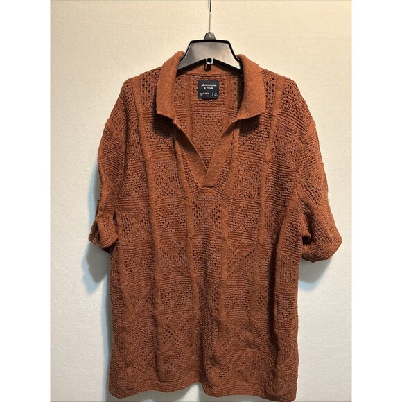 Abercrombie & Fitch Open Knit Sweater Polo Mens Johnny Collar Rust SS Retro - - Picture 1 of 4